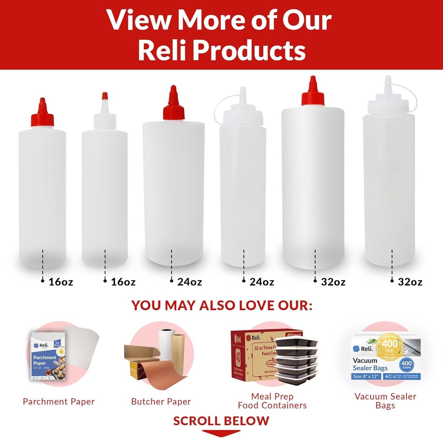 24 oz. 10 Pack 24 Reli. Plastic Squeeze Bottles, | | Condiment Squeeze Bottles for Sauces | Clear w/Tethered Caps |