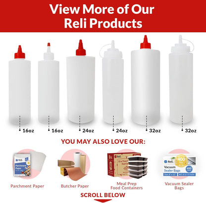 16 oz. 10 Pack 16 Reli. Plastic Squeeze Bottles, | | Condiment Squeeze Bottles for Sauces | Clear w/Red Tip Cap | Ounce