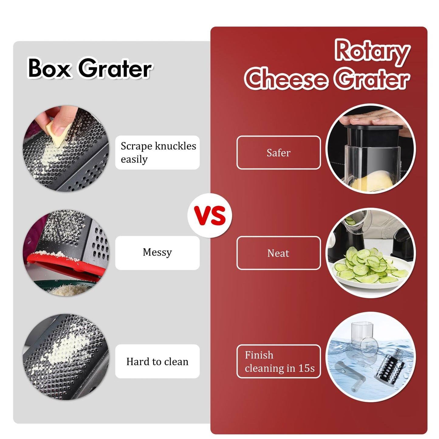 Ourokhome Rotary Cheese Grater Hand Crank, Kitchen Shredder Speed Mandolin Slicer Ice Shaver with Handle and Drum Blades for Cheese, Vegetable, Nuts, Chocolate, Potato, Carrot, 5 Blades, Black