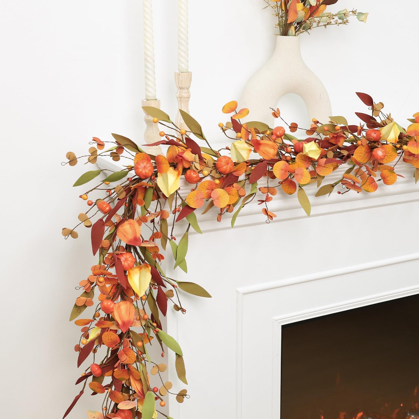 Fall Decor, Fall Garland, 6FT Autumn Eucalyptus Leaves Pumpkin Harvest Festival Thanksgiving Christmas Hanging Garlands for Home Wedding Mantle Indoor Window Wall Arch Background Decoration