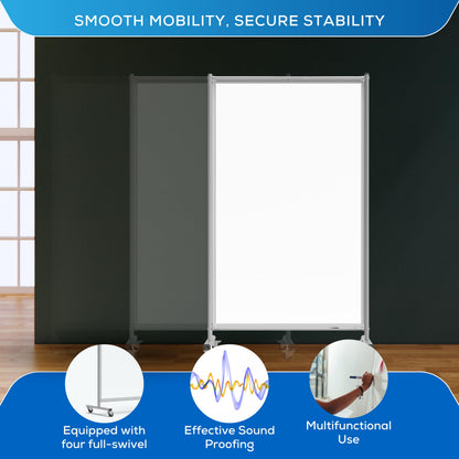 FSE 373-MD4072W Mobile Magnetic Whiteboard Room Divider, 75" Tall Double-Sided Board, Sound Proof Partition Wall Divider with Locking Casters, Steel Frame, Ghost-Resistant Surface, White/Silver