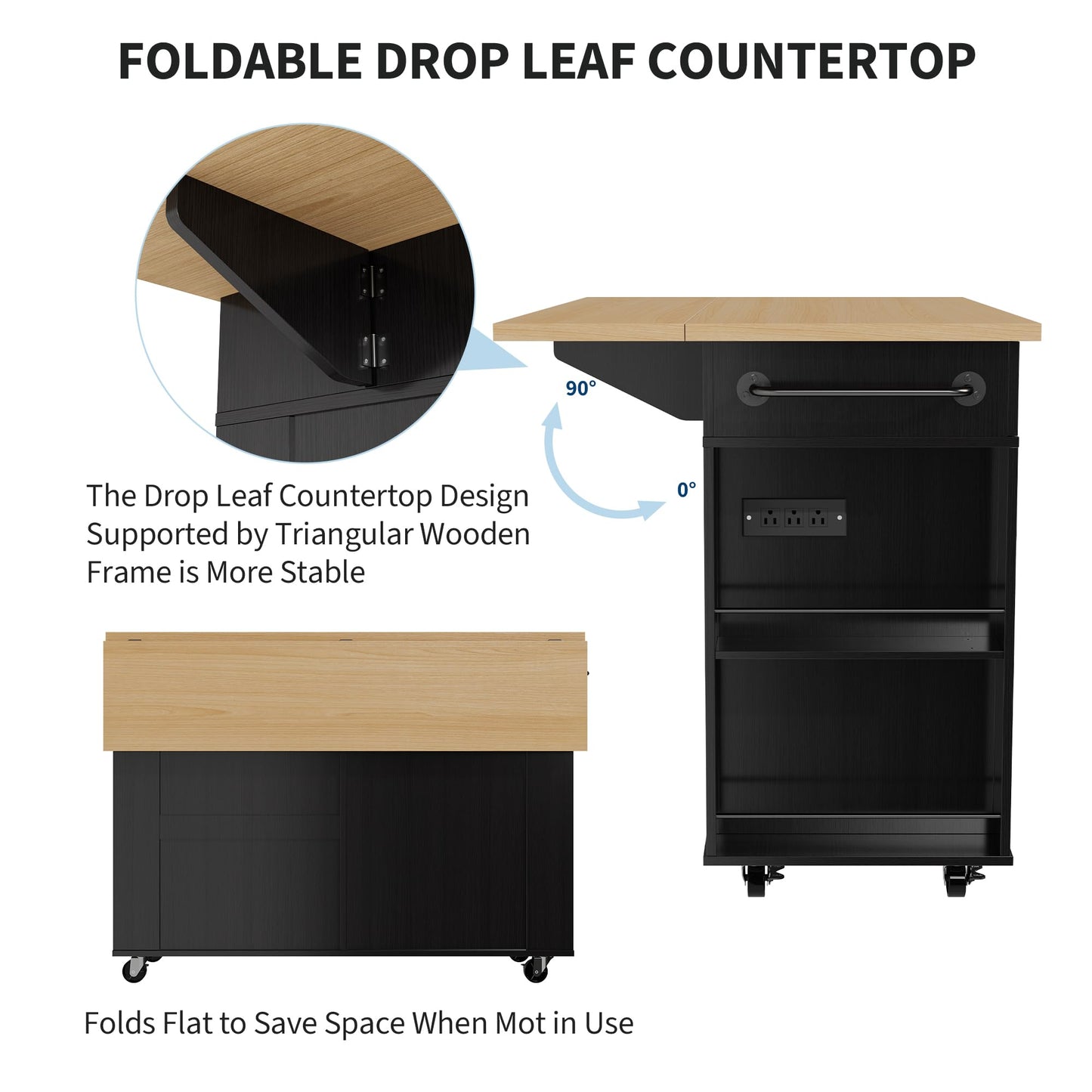 IDEALHOUSE Rolling Kitchen Island with Drop Leaf Countertop, Charging Station & Ample Storage - 47.2" Mobile Kitchen Cart On Wheels with Pull-Out Shelves, Drawers, Spice Rack & Organizer Divider