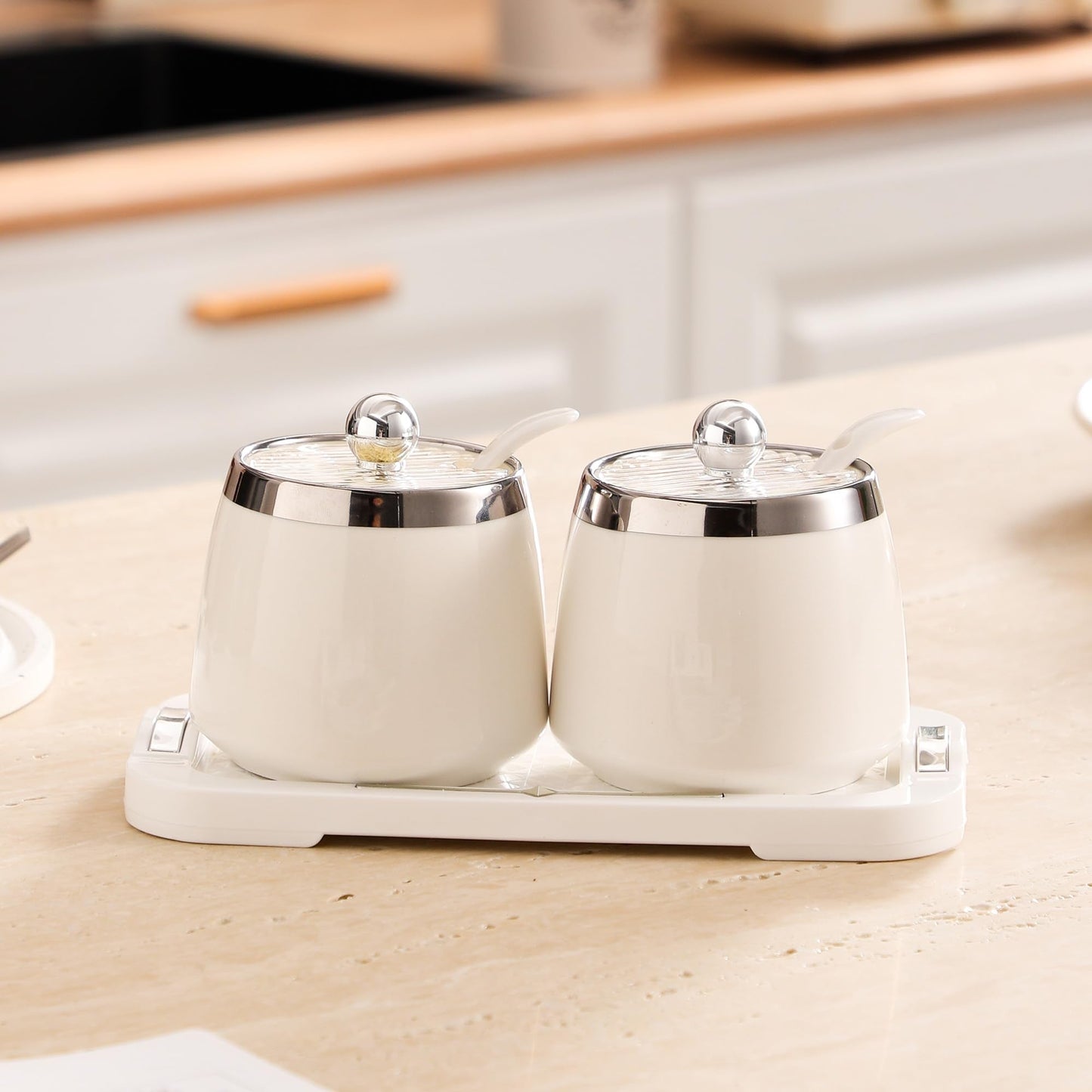 shuqiao Porcelain Condiment Jar Spice Container with Lid - Ceramic Spoon, Plastic Tray is the best clay pot for your home, kitchen, counter. White, 280 ml (9.4 oz), 2-piece set (3, Square)