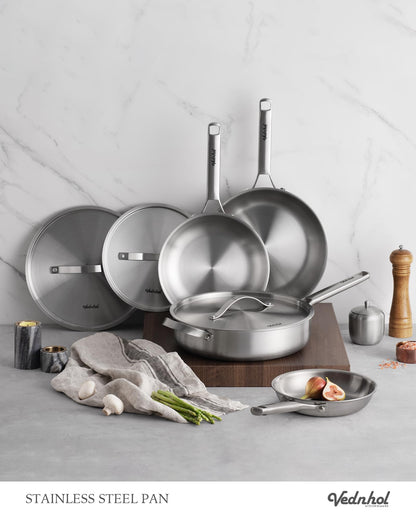 VEDNHOL Stainless Steel Frying Pan 12 Inch with Lid, Fully Clad Tri-Ply Stainless Steel Skillet for Even Heating, Brushed Finish, Dishwasher & Oven Safe, Induction & All Stovetops Compatible