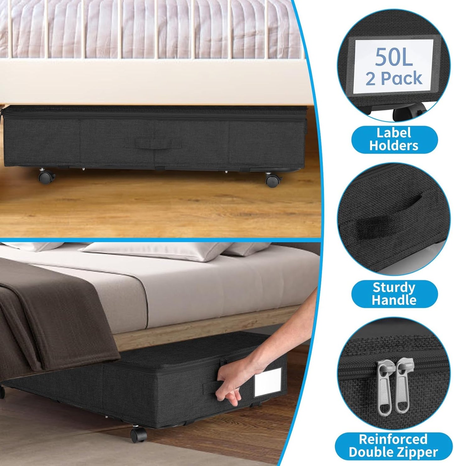 Under Bed Storage with Wheels & Lid, 2PCS Container for Blankets, Clothes, and Shoe Storage, Rolling Organizer Bin,