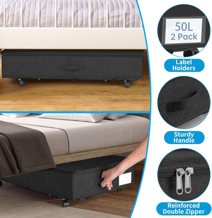 Under Bed Storage with Wheels & Lid, 2PCS Container for Blankets, Clothes, and Shoe Storage, Rolling Organizer Bin,