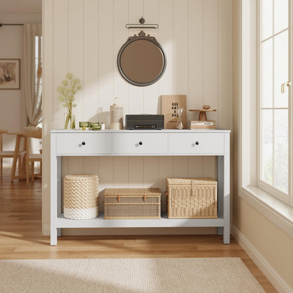Gizoon Sofa Table with Drawers, Modern Accent Console Table with Open Shelf, Large Storage Space, for Living Room, Front Hall, Entrance Hall, Study Room, White