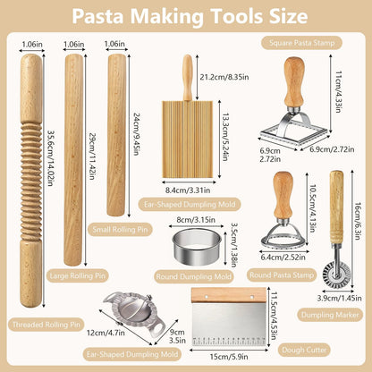 11 Pcs Pasta Making Tools-3 Size Rolling Pins，2 Dumpling Molds，Dumpling Marker，Square and Round Pasta Stamp,Dough Cutter,Pasta Drying Rack,Gnocchi Board,Pasta Making Kit Accessories for Home