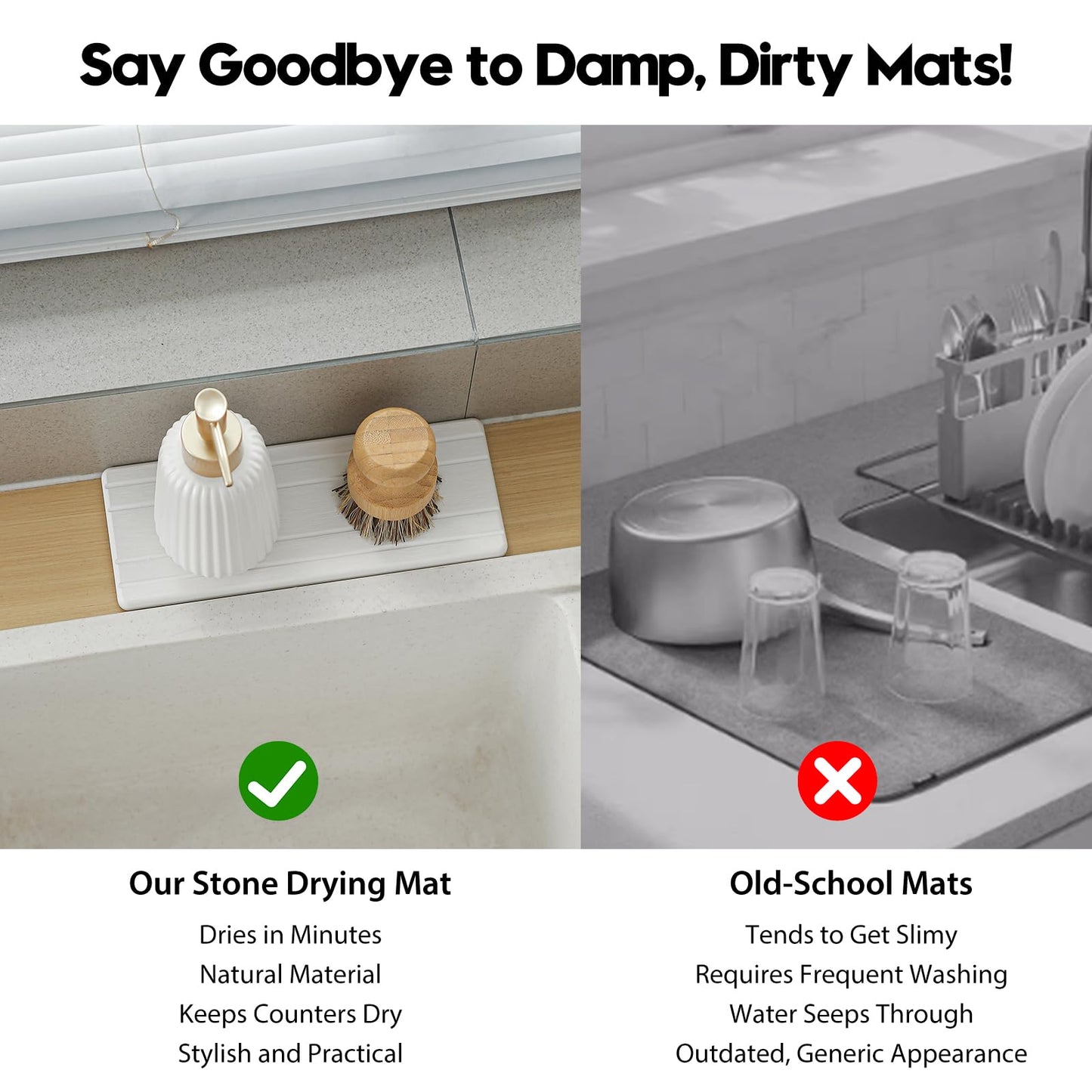 3 Pack Stone Drying Tray, Water Absorbing Stone Sink Mat for Kitchen & Bathroom Counter, Diatomite Soap Dish Vanity Caddy, Sponge Holder Organizer, White - 2pcs of 4.5"x 3.5" and 1pc of 9"x 3.5"