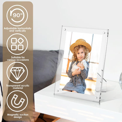 6x8 Inch Acrylic Magnetic Picture Frame,2 PackTransparent Floating Frameless Photo Frame with Easel Stand,Double Sided Tabletop Display Magnetic Acrylic Frame for Home Office Decor Wedding Birthday Gifts