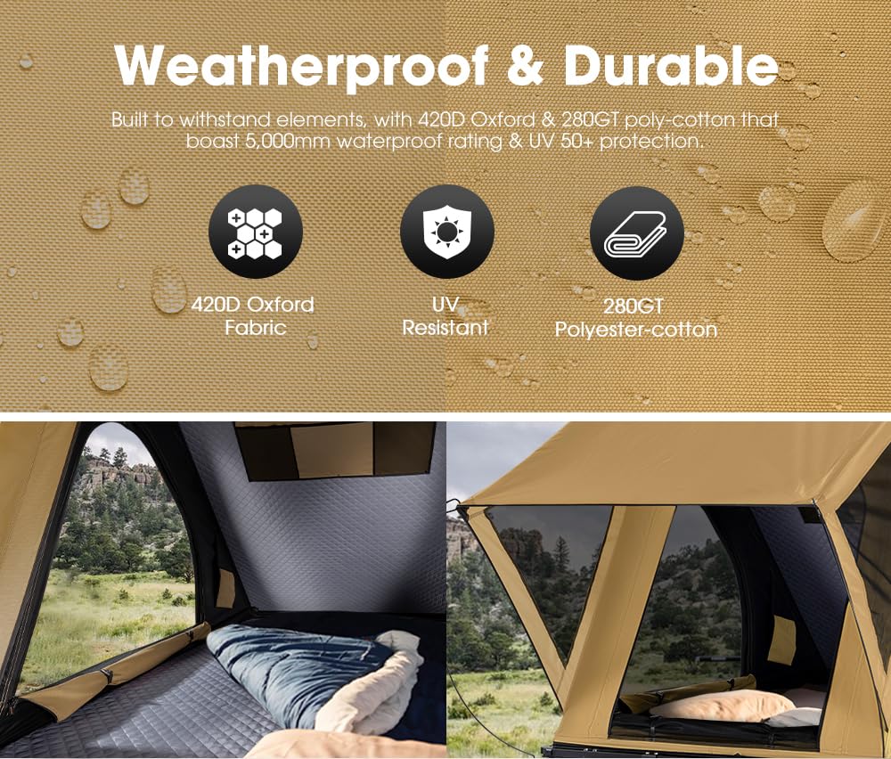 Sanhima Rooftop Tent Hard Shell - Hotham Lite Overland Aluminium Roof Top Tent 4.56" Slimline, w/Tri-Color LED Strip Light & 1.97” Thick Mattress, for Car SUV Truck Camping, 2-3 People Tent (Khaki)