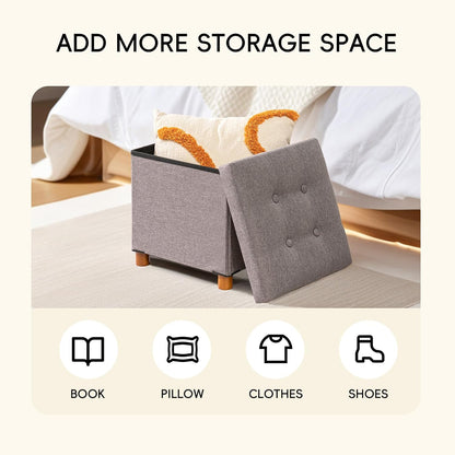 15" 15" 15"Grey PINPLUS Storage Ottoman Cube, White Linen Footrest with Wooden Legs, Foldable Fabric Footrest