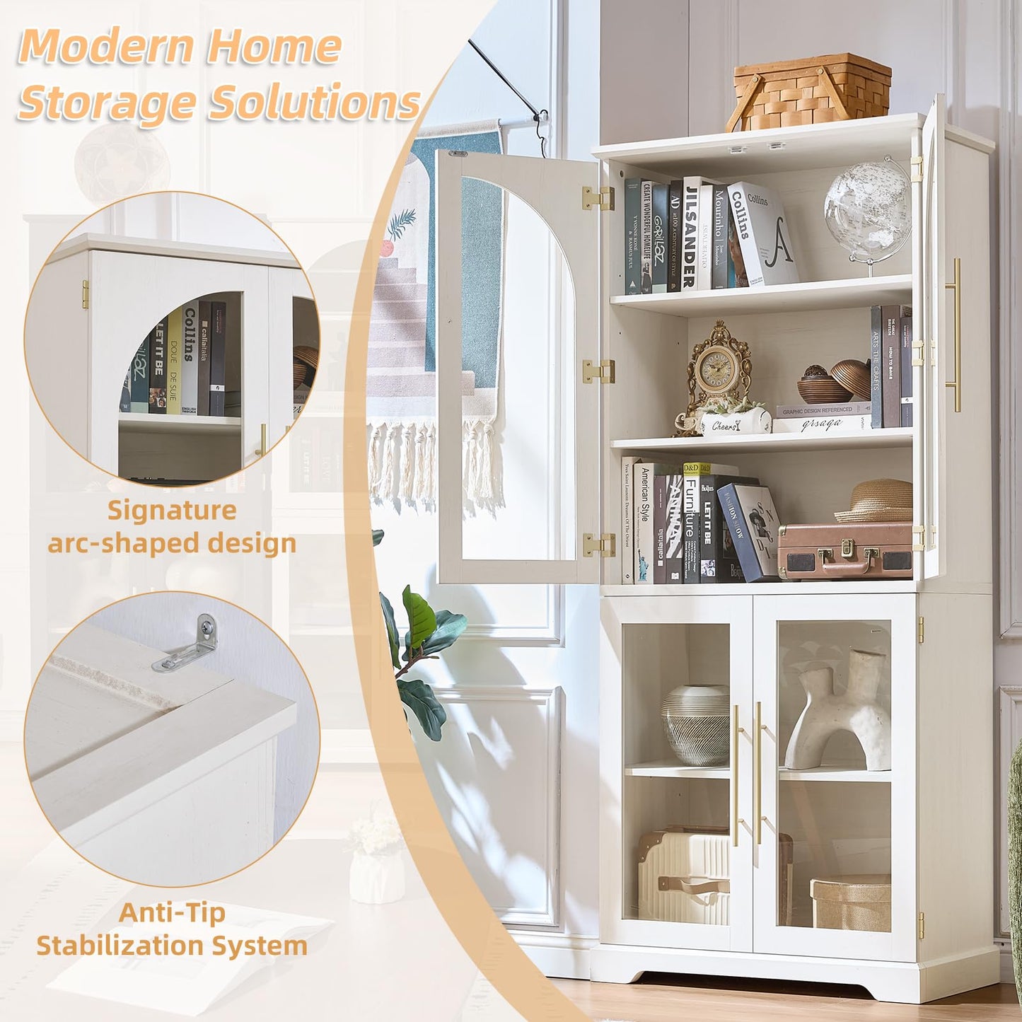 Joaxswe 72" Tall Bookshelf with 4 Curved Glass Doors, Farmhouse Bookcase with 3-Tier Adjustable Shelves, Modern Living Room Display Cabinet, Large Storage Cabinet for Home Office,Dining Room, White