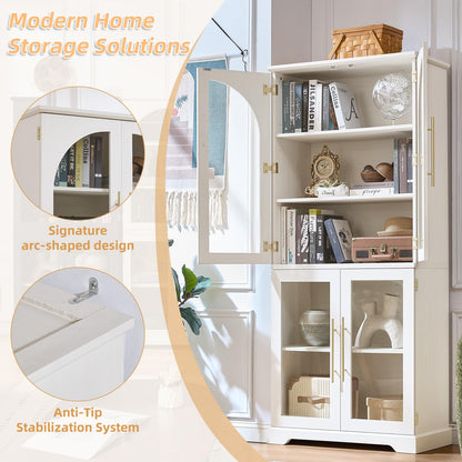 Joaxswe 72" Tall Bookshelf with 4 Curved Glass Doors, Farmhouse Bookcase with 3-Tier Adjustable Shelves, Modern Living Room Display Cabinet, Large Storage Cabinet for Home Office,Dining Room, White