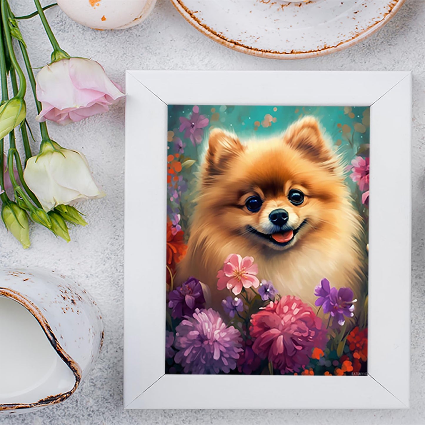 EATUKYIC Diamond Art Kits for Adults Diamond Art Painting Kits for Adults Beginners, 5D DIY Happy Funny Pomeranian Wildflower Dog for Home Wall Decor 12x16inches/30x40cm