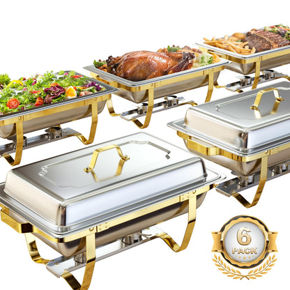 Chafing Dishes for Buffet 6 Pack, 9QT [Elegant Gold and Silver Colors] Stainless Steel Chafing Dish Buffet Set [Sturdy and High Grade] Chafers and Buffet Warmers Sets for Any Party with Complete Set