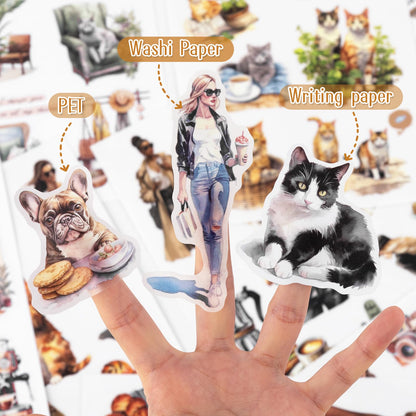 Dizdkizd Coffee and Pet Journaling Stickers for Women, 184 Die Cuts PET and Paper Scrapbook Sticker Kit, Cute Cats and Girl Sticker for Bullet Journals, Planners, Collage