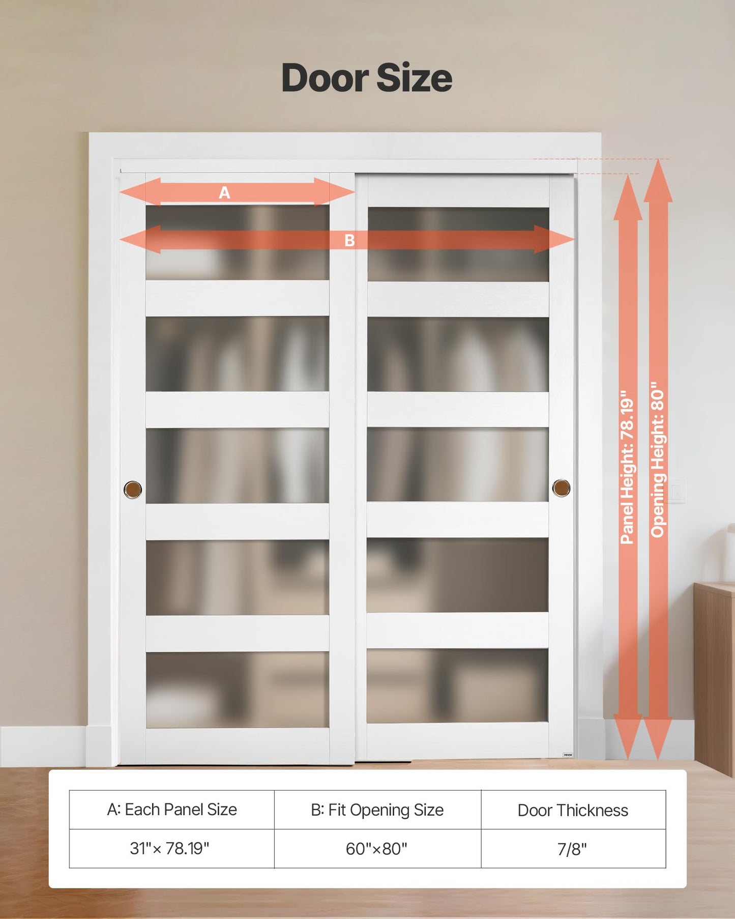 VEVOR Sliding Closet Door, 60" (Double 31") x 80", 5-Lite Frosted Glass with Hardware Kit & Floor Guide, Solid Wood & MDF Slab with Waterproof PVC Surface, Pre-Drilled Doors Panel, Need to Assemble