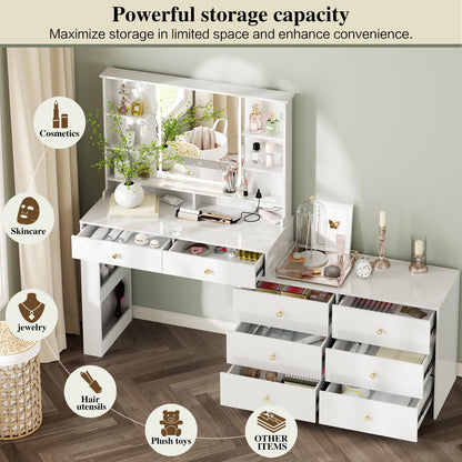 Ieejdn Makeup Vanity Desk with Mirror and Lights, Vanity Desk with 8 Drawers & Storage Shelves, Vanity Table with Power Outlet, 3 Color Modes & Adjustable Brightness Dressing Table, Bedroom,White
