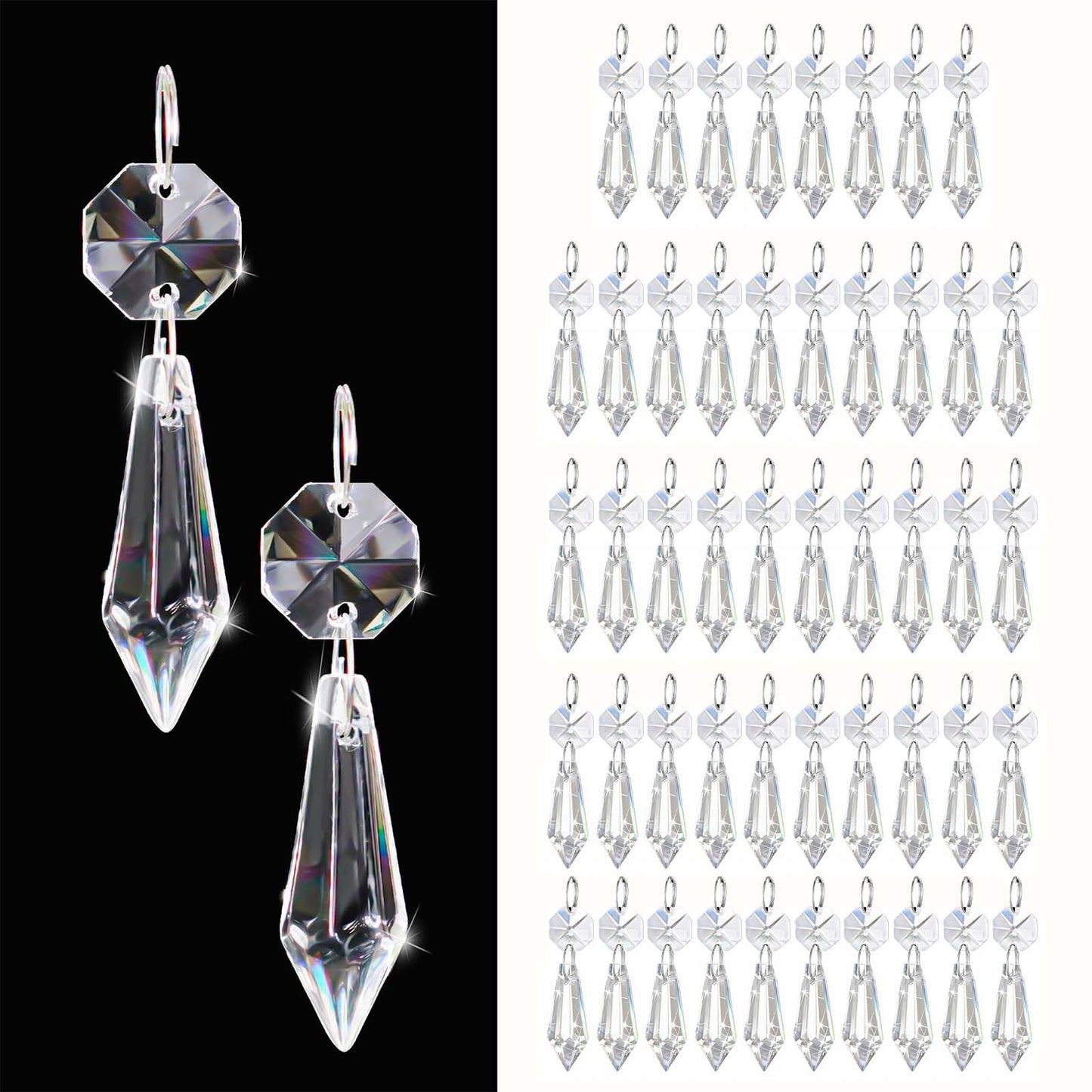 50PCS Premium Clear Crystal Teardrop Prism 2.4" -Crystal Glass Baroque Chandelier Pendant Drop Loose Beads Suncatcher for Holiday Party/Home/Window Decoration/Chandelier Replacement Parts