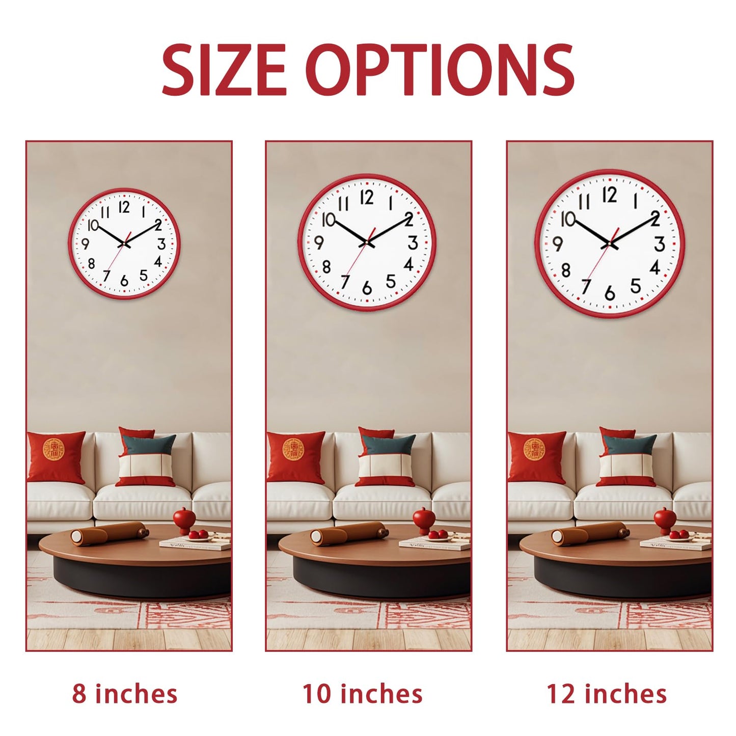 HZDHCLH Wall Clock Red,Silent Wall Clocks Battery Operated 8 Inch Modern Non Ticking Analog Clock Decorative for Kitchen Bedroom Living Room Office Classroom
