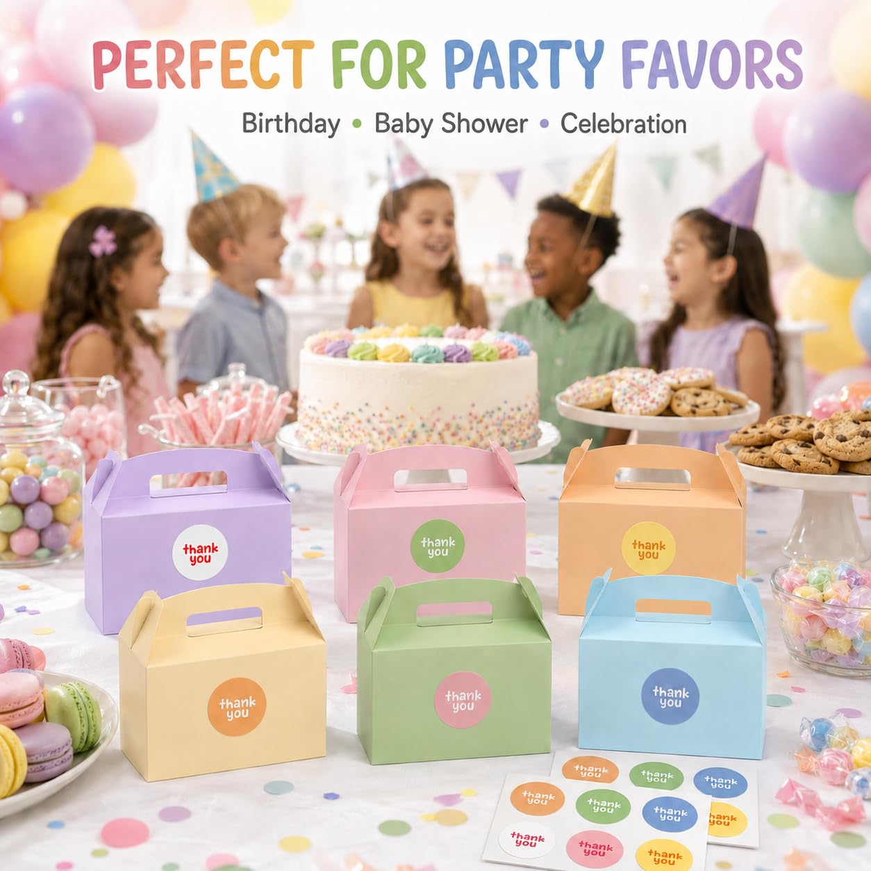 Treelement 24 Pcs Party Favor Gable Boxes with Handle and Stickers, 6×3.5×3.5 Inch Colorful Treat Boxes for Candies, Birthday, Wedding, Bridal Shower.