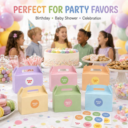 Treelement 24 Pcs Party Favor Gable Boxes with Handle and Stickers, 6×3.5×3.5 Inch Colorful Treat Boxes for Candies, Birthday, Wedding, Bridal Shower.