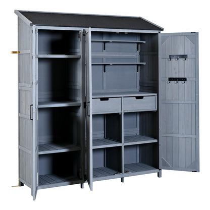 Merax Outdoor Wood Large Garden Storage Shed with Waterproof Roof, Patio 3 Doors Storage Cabinet with Workstation, 7 Storage Shelves, 2 Drawers and 6 Hooks for Backyard, Gray