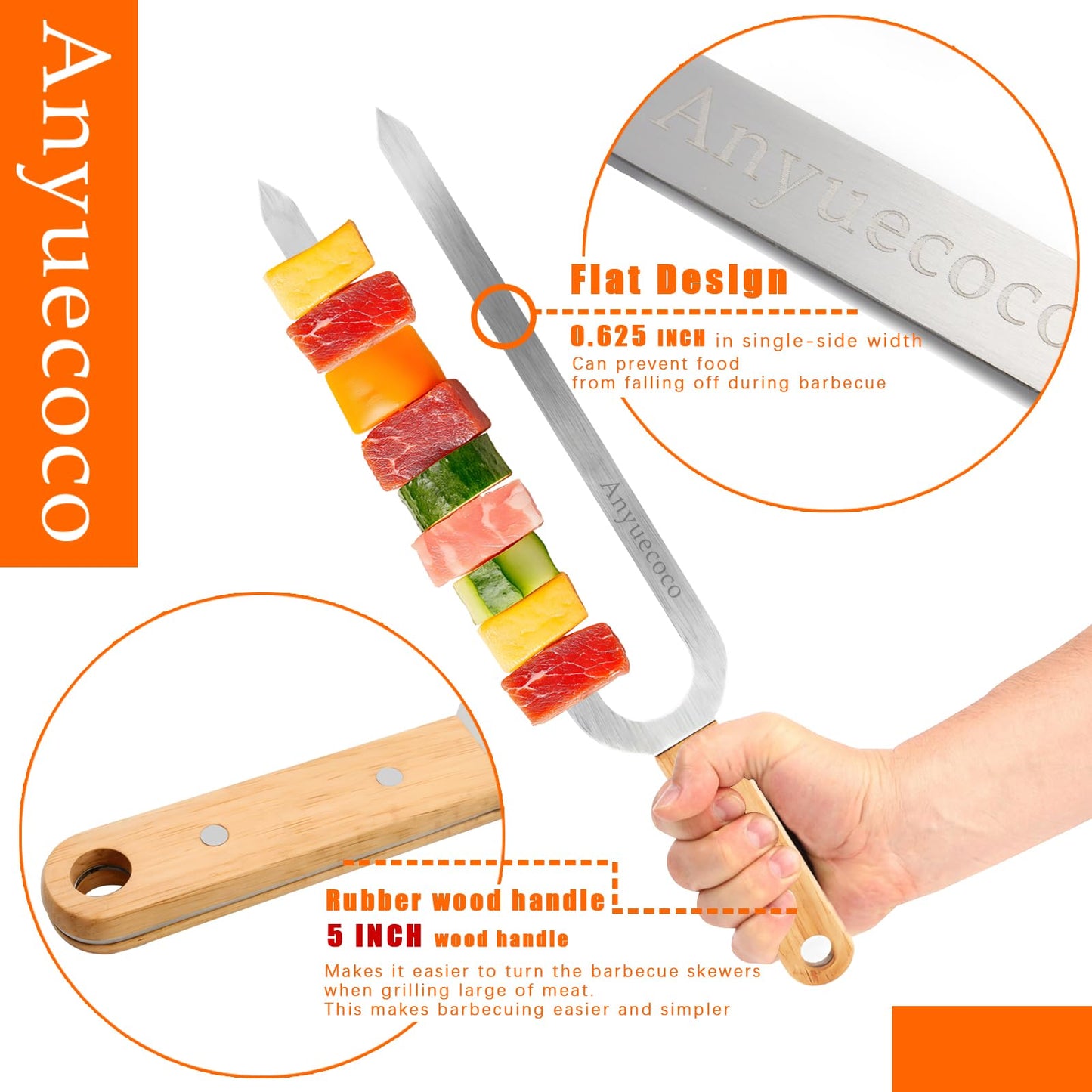 Anyuecoco Kabob Skewers for Grilling,6 PCS - 17 Inch Double Prong Skewers for kabobs,Stainless Steel Skewer,Flat Metal Skewer,Perfect For Meat,Chicken,Sausages,Veggies,Seafood