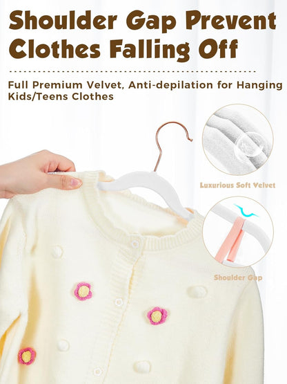 Smartor Kids Velvet Hangers - 50 Pack Premium Non-Slip Felt Hangers for Toddler Clothes | 14 Inch - White with Rose Gold Hook