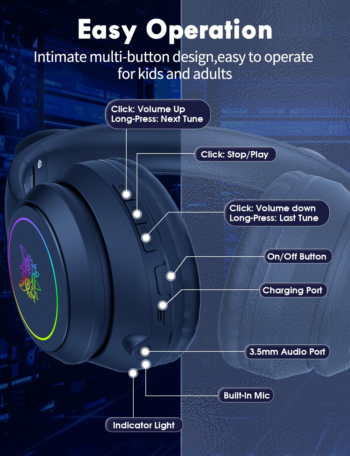 ONITOON Cat Ear Bluetooth Headphones for Kids & Adults, 55H Play Time, Wireless Foldable & Wired Multi-Function LED Light Up Over Ear Headphones with Mic and Volume Control for iPhone/iPad/Laptop/PC