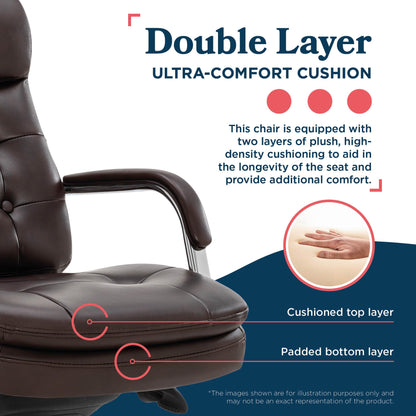 La-Z-Boy Sonata Executive Mid-Back Office Chair, Button-Tufted Seat and Back, Double-Layer Cushion, Padded Armrests, Ergonomic Computer DeskChair, Swivel Metal Base, Bonded Leather, Dark Brown/Chrome