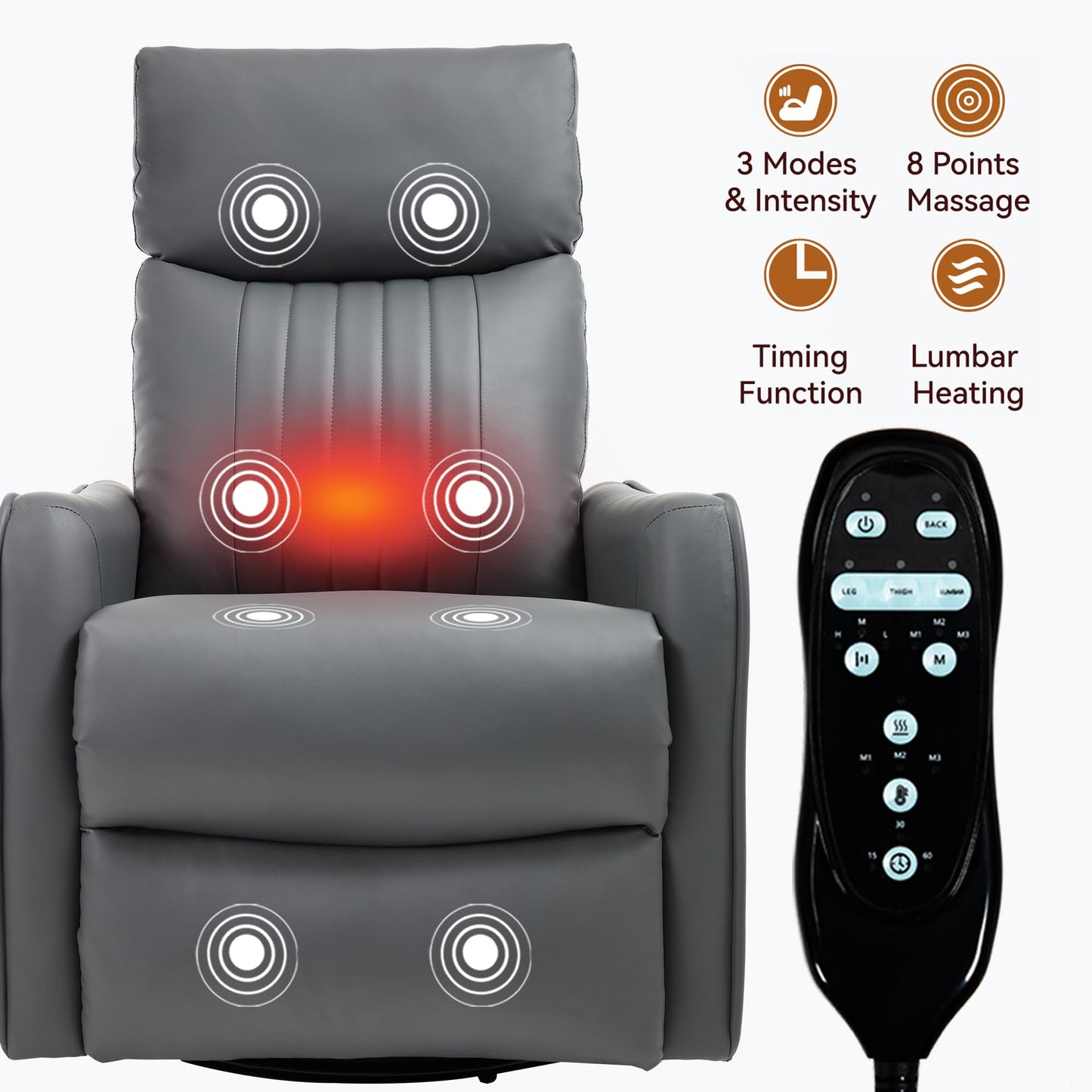 KEIKI 4-in-1 Manual Swivel Rocker Recliner Chair for Living Room, Faux Leather Nursery Glider Rocking Chairs with Back Massager & Heat, Built for RV Travel Living and Mobile Home, Grey