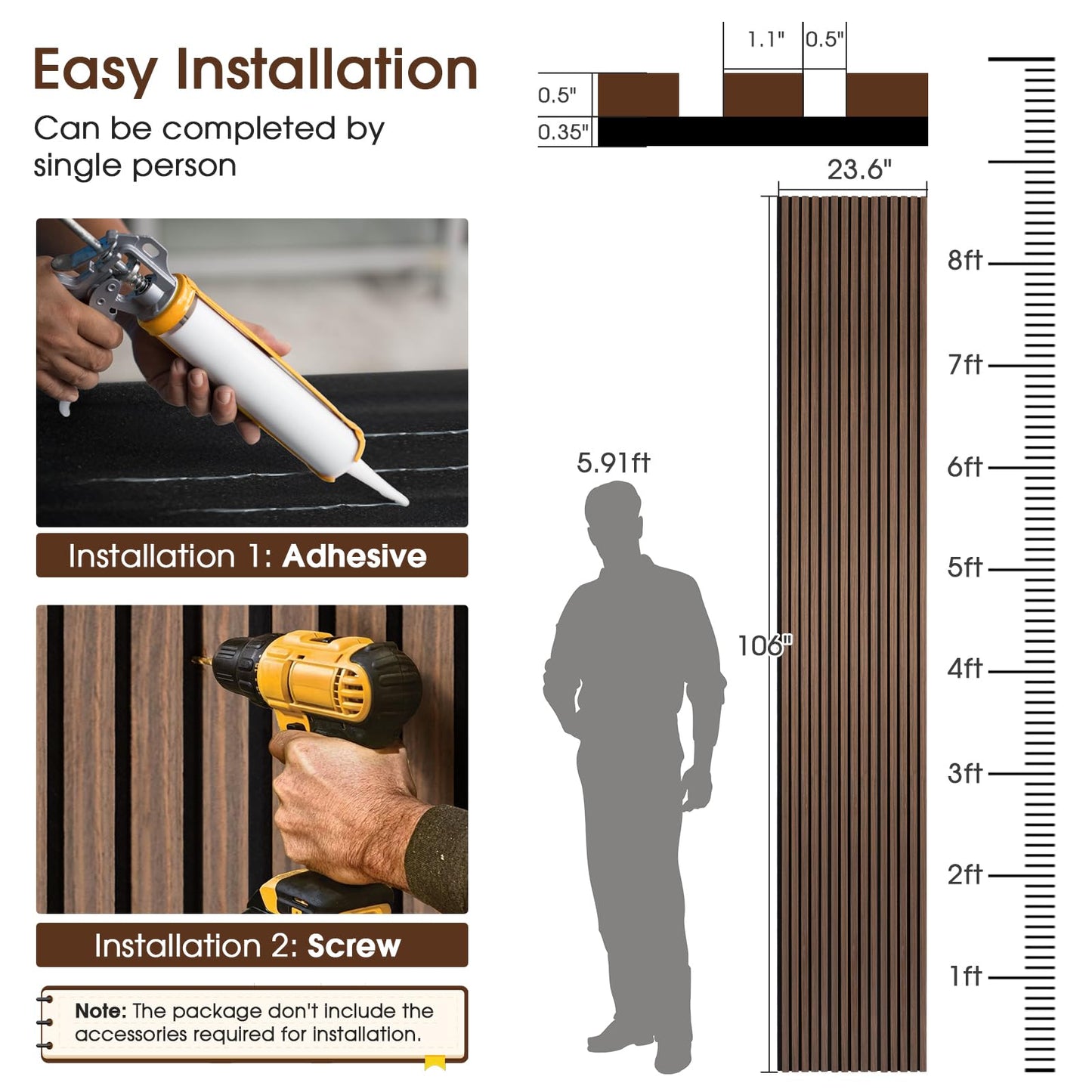 LARWORKS Wood Slat Wall Panels 2 Pack 106" x 23.6", Acoustic Wooden Panel for Wall, Soundproof 3D Fluted Panels for Interior Wall Decor, Living Room, Bedroom - Walnut (Cover Approx.35 sq.ft)