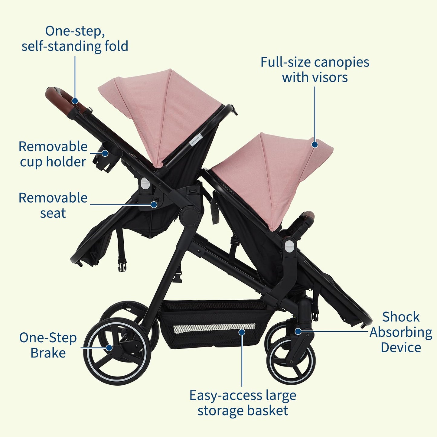 Tandem Double Stroller for Twins, Foldable Baby Stroller for Newborns 0-6 Months, Reversible Adjustable Seats, Shock-Absorbing Swivel Wheels & One-Step Brake, Storage Basket & Sun Canopy, Pink