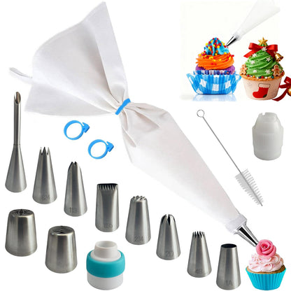 Reusable Cotton Piping Bags & Tips Set -16" Large Pastry Bag with 10 lcing Tips + 2 Couplers for Cake Decorating, Baking Supplies