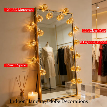 USB & Battery Operated Pattern Lanterns String Lights, Decorative Fairy Boho Light for Home Bedroom, 9.8ft 20 LED Gold Moroccan Globe Diwali Decoration for Christmas Birthday Party (Warm White)