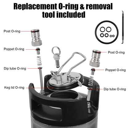 Ferroday Upgraded 5 Gallon Ball Lock Keg, Stainless Steel Corny Keg with Ball Lock Post, Portable Cornelius Beer Keg with Dual Rubber Handle, Gasket Set for Commercial Home Brewing