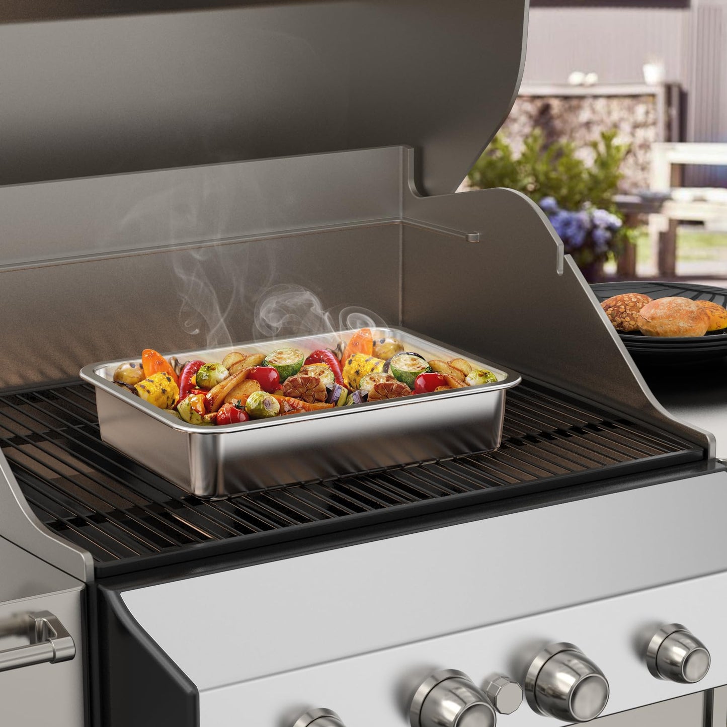 onlyfire Stainless Steel Baking Pan Barbeque Grilling Pan for Baking Breads, Grilling Chicken, Vegetables, 14" X 10.5" X 2.8"