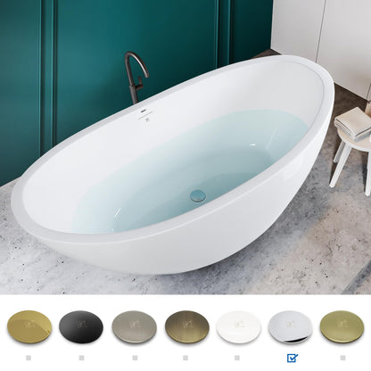 FerdY Naha 67" Acrylic Freestanding Bathtub, Curve Edge Freestanding Soaking Bathtub, Glossy White, cUPC Certified, Toe-Tap Chrome Drain & Overflow Assembly Included, 02588