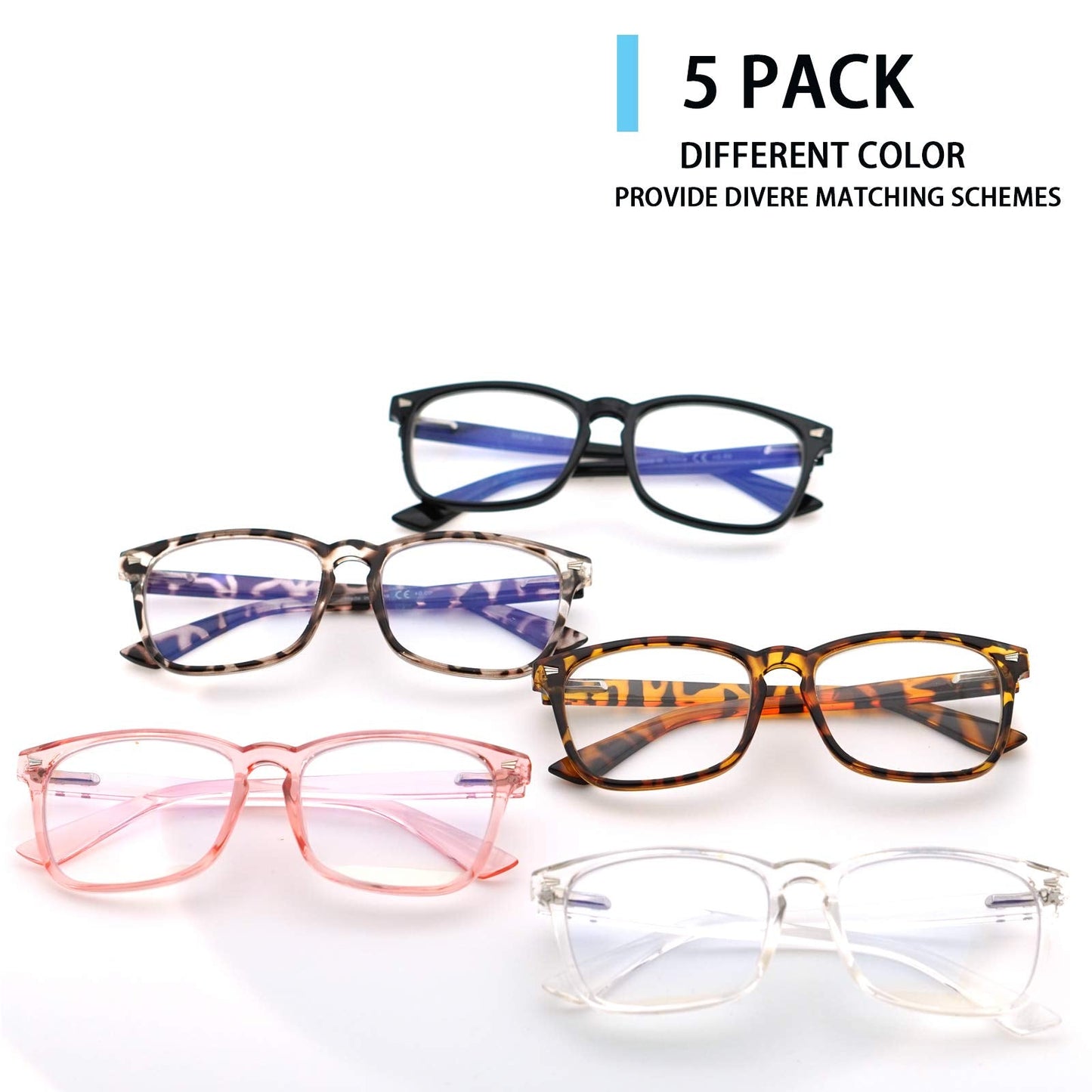 VIDEBLA 5 Pack Blue Light Blocking Reading Glasses,Spring Hinge Computer Readers for Women Men,Anti UV Ray Filter Nerd Eyeglasses (Mix, 1.50)
