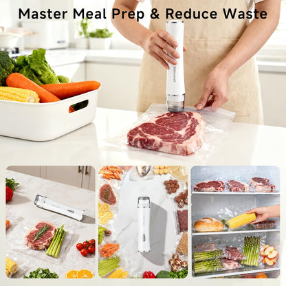 Mehomeli Compact Vacuum Sealer for Food (Vacuum Sealer Machine + 30 Reusable Vacuum Bags), Powerful Handheld Vacuum Sealer Machine, Seal Food 6X Fresh Longer, Portable & Wireless, Easy-Clean