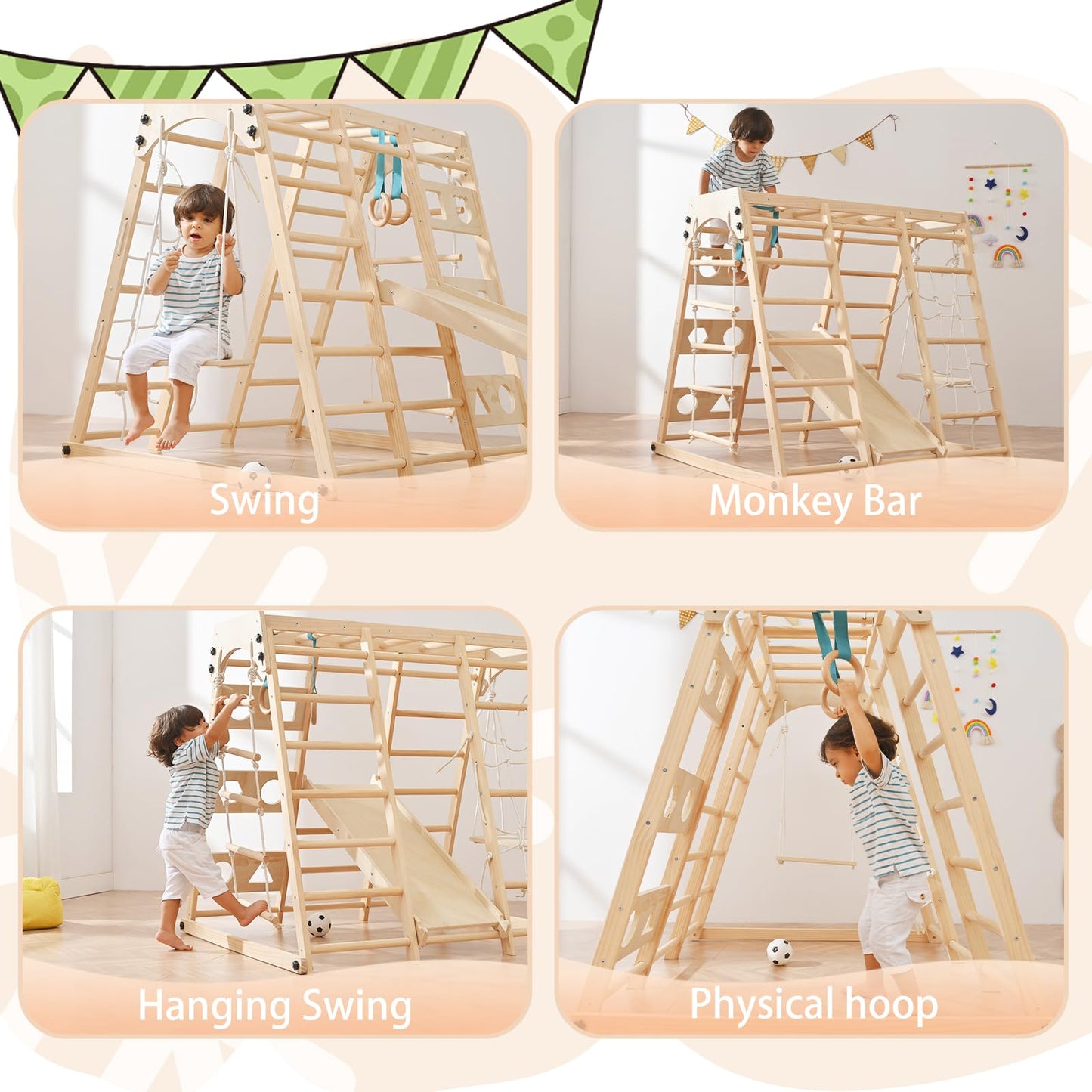 Homman 12-in-1 Toddler Playground - Foldable Kids Climbing Set with Slide, Rock/Net, Monkey Bars, Drawing Board, Swing and Pickler Set