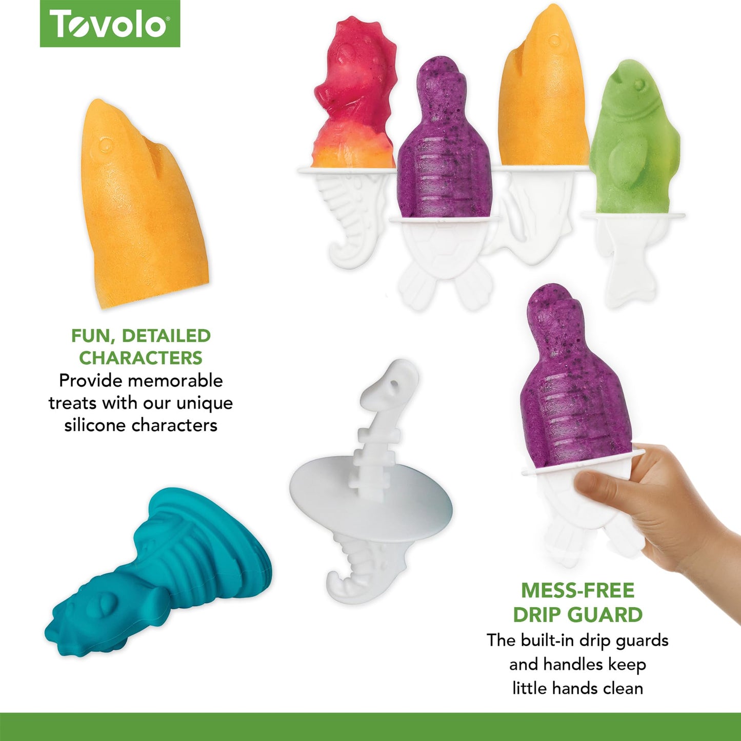 Tovolo Popsicle Molds Fish Shark Sea Horse Turtle Ice Molds Set of 4, Homemade Frozen Aquatic Ocean Fish Friends Pop Maker with Sticks for Kids, BPA Free Dishwasher Safe Silicone Shark Popsicle Mold