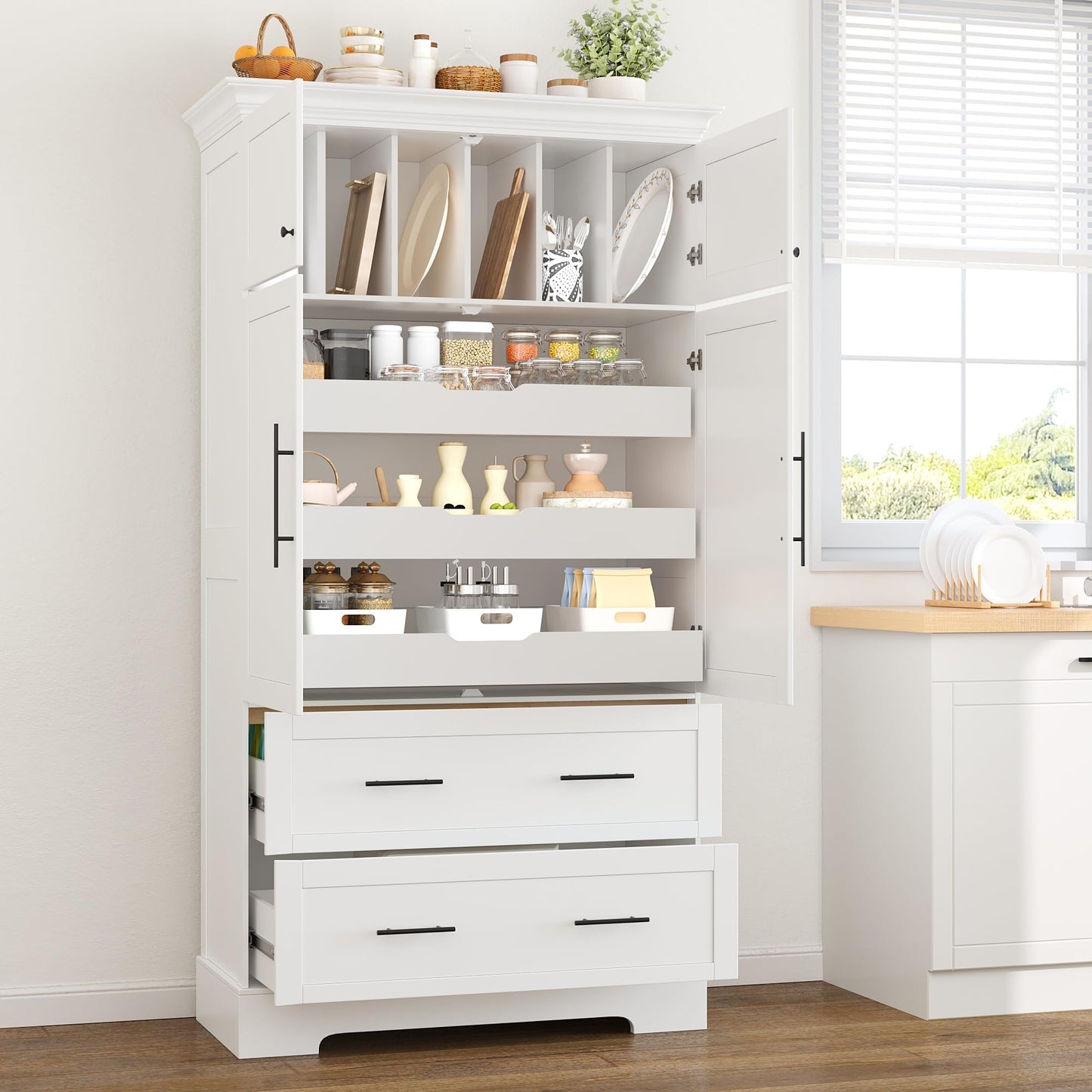 Merax 72.6" Farmhouse Kitchen Pantry Cabinet with Pull-Out Trays & Drawers, Freestanding Pantry with Cake Pan Storage, 4-Door Shaker Style Storage Cabinet, 40" L x 18" W, White