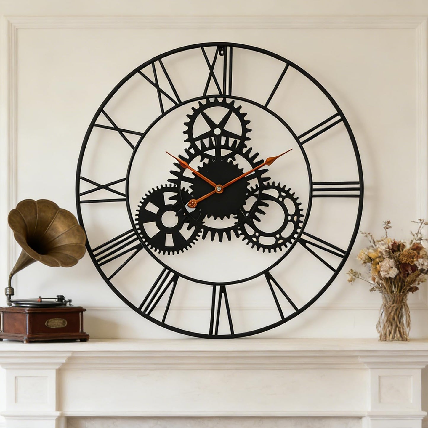 AMAATE Steampunk Wall Clock 32 Inch, Industrial Metal Gears with Roman Numerals, Retro Distressed Finish Mechanical Art for Bar, Living Room, Cafe Decor