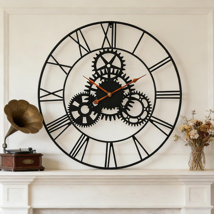 AMAATE Steampunk Wall Clock 32 Inch, Industrial Metal Gears with Roman Numerals, Retro Distressed Finish Mechanical Art for Bar, Living Room, Cafe Decor