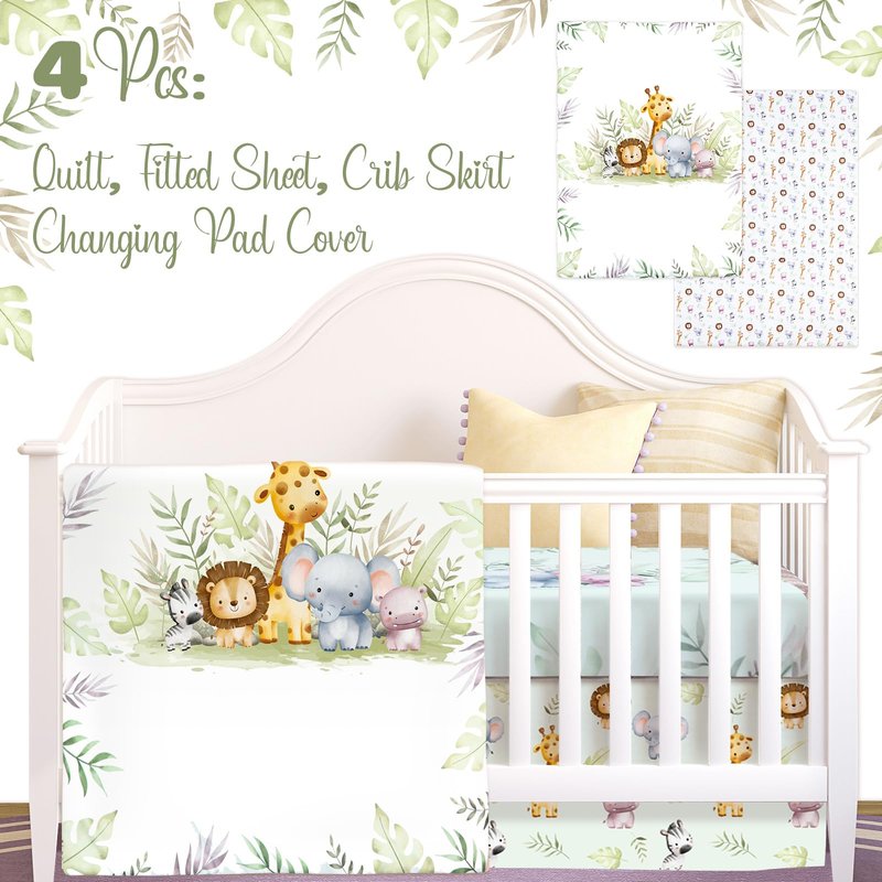 Hahafelt 4 Pieces Baby Crib Bedding Set for Girls and Boys, Soft Baby Bedding Set Including Crib Skirt, Comforter, Sheet and Diaper Stacker for Nursery (Wildlife Theme)