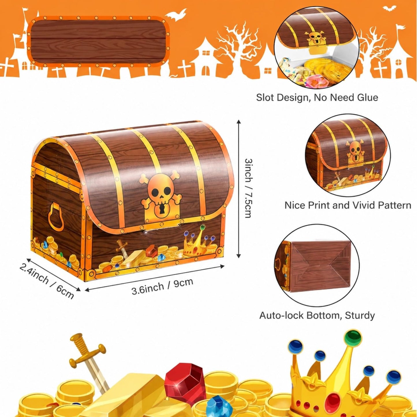 Chinco Treasure Treat Chest Boxes Cardboard Pirate Treasure Chest Party Favor Box Present Goodie Boxes for Halloween Game Pirate Theme Party（48 Pcs）