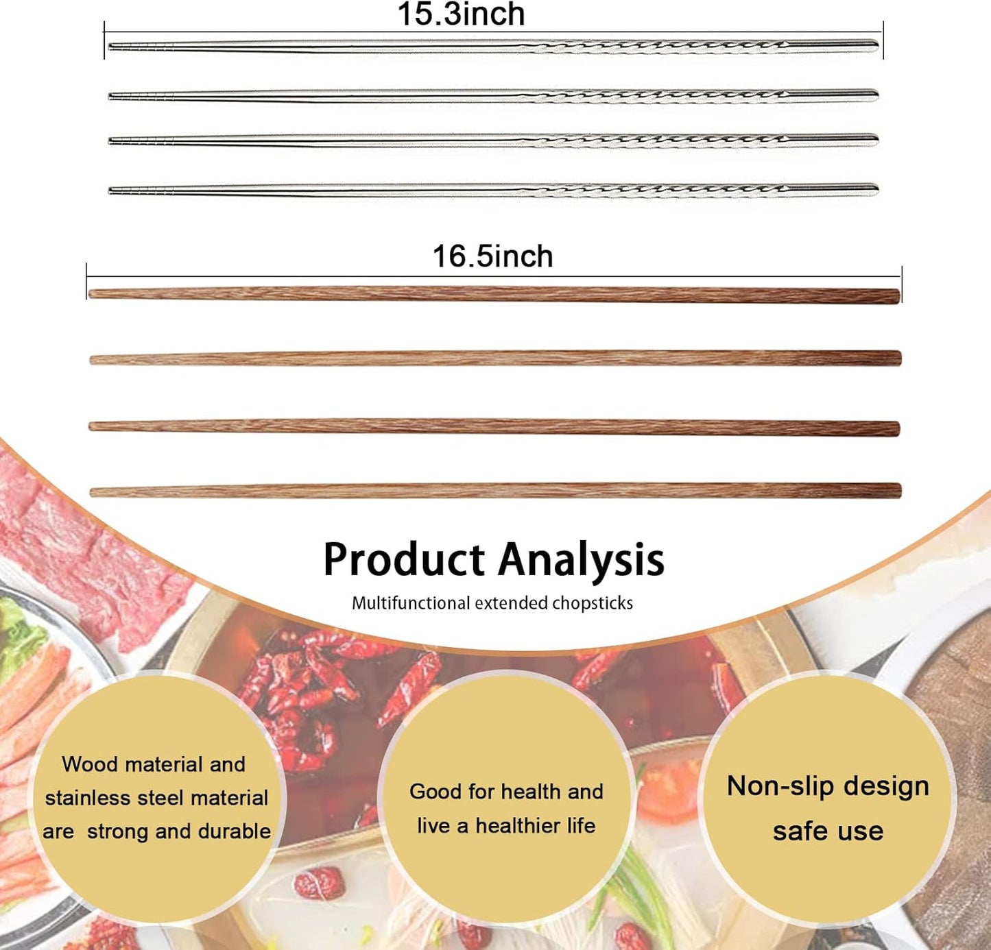 4 Pcs Long Cooking Chopsticks, Reusable Stainless Steel and Natural Wooden Extra Long for Hot Pot Cooking